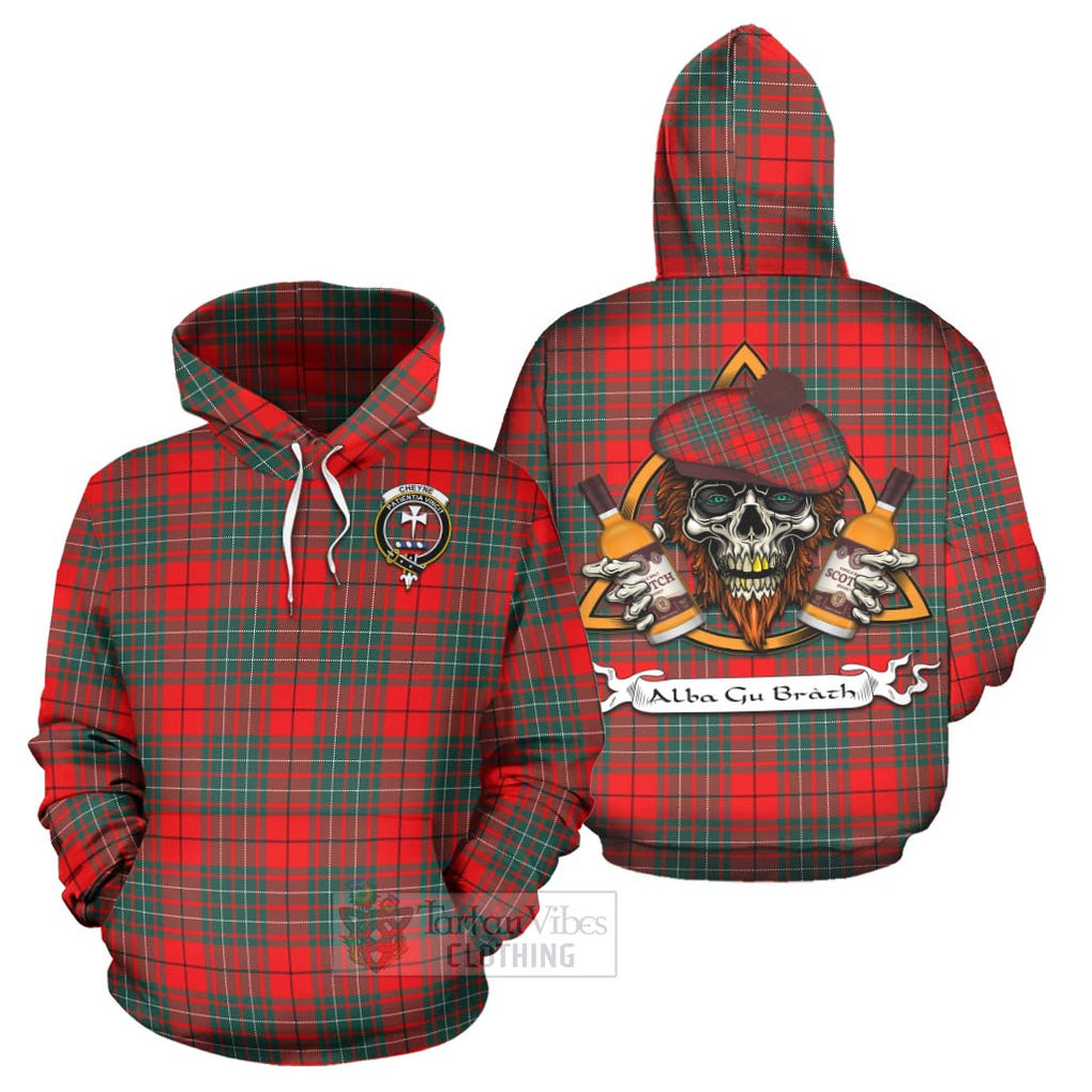 Tartan Vibes Clothing Cheyne Tartan Hoodie with Family Crest and Bearded Skull Holding Bottles of Whiskey