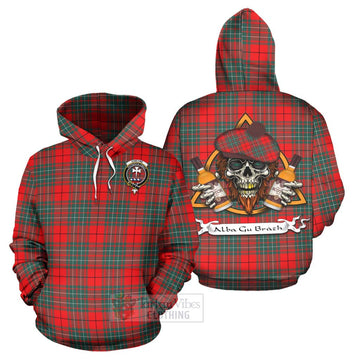 Cheyne Tartan Hoodie with Family Crest and Bearded Skull Holding Bottles of Whiskey