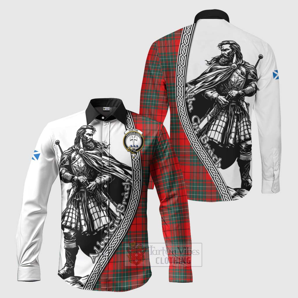 Tartan Vibes Clothing Cheyne Tartan Clan Crest Long Sleeve Button Shirt with Highlander Warrior Celtic Style