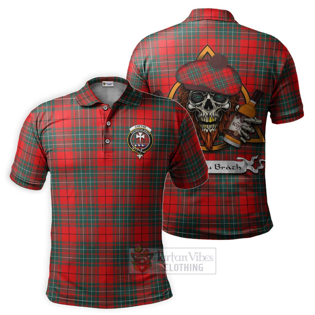 Tartan Vibes Clothing Cheyne Tartan Polo Shirt with Family Crest and Bearded Skull Holding Bottles of Whiskey