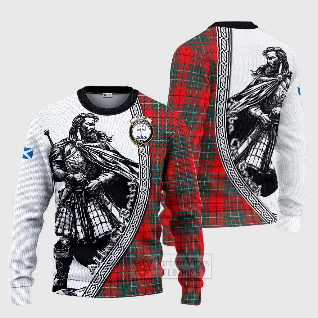 Tartan Vibes Clothing Cheyne Tartan Clan Crest Knitted Sweater with Highlander Warrior Celtic Style