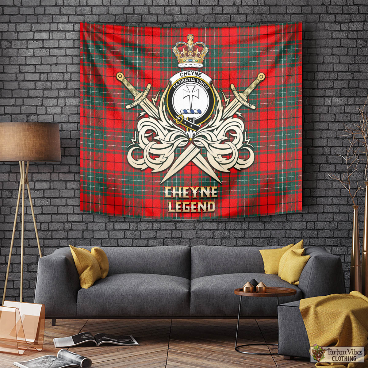 Tartan Vibes Clothing Cheyne Tartan Tapestry with Clan Crest and the Golden Sword of Courageous Legacy