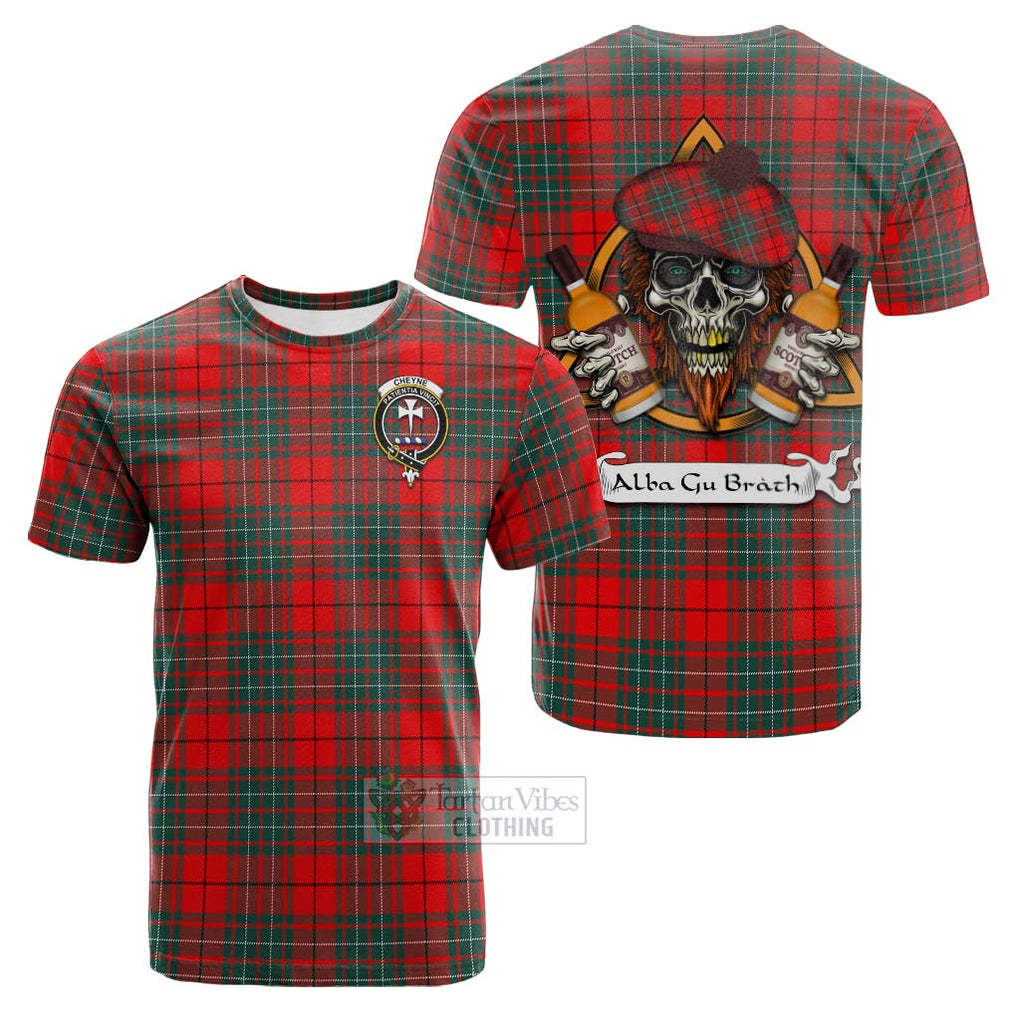 Tartan Vibes Clothing Cheyne Tartan Cotton T-shirt with Family Crest and Bearded Skull Holding Bottles of Whiskey