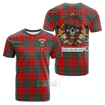 Cheyne Tartan Cotton T-shirt with Family Crest and Bearded Skull Holding Bottles of Whiskey