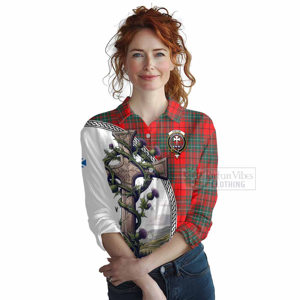 Tartan Vibes Clothing Cheyne Tartan Women's Casual Shirt with Family Crest and St. Andrew's Cross Accented by Thistle Vines