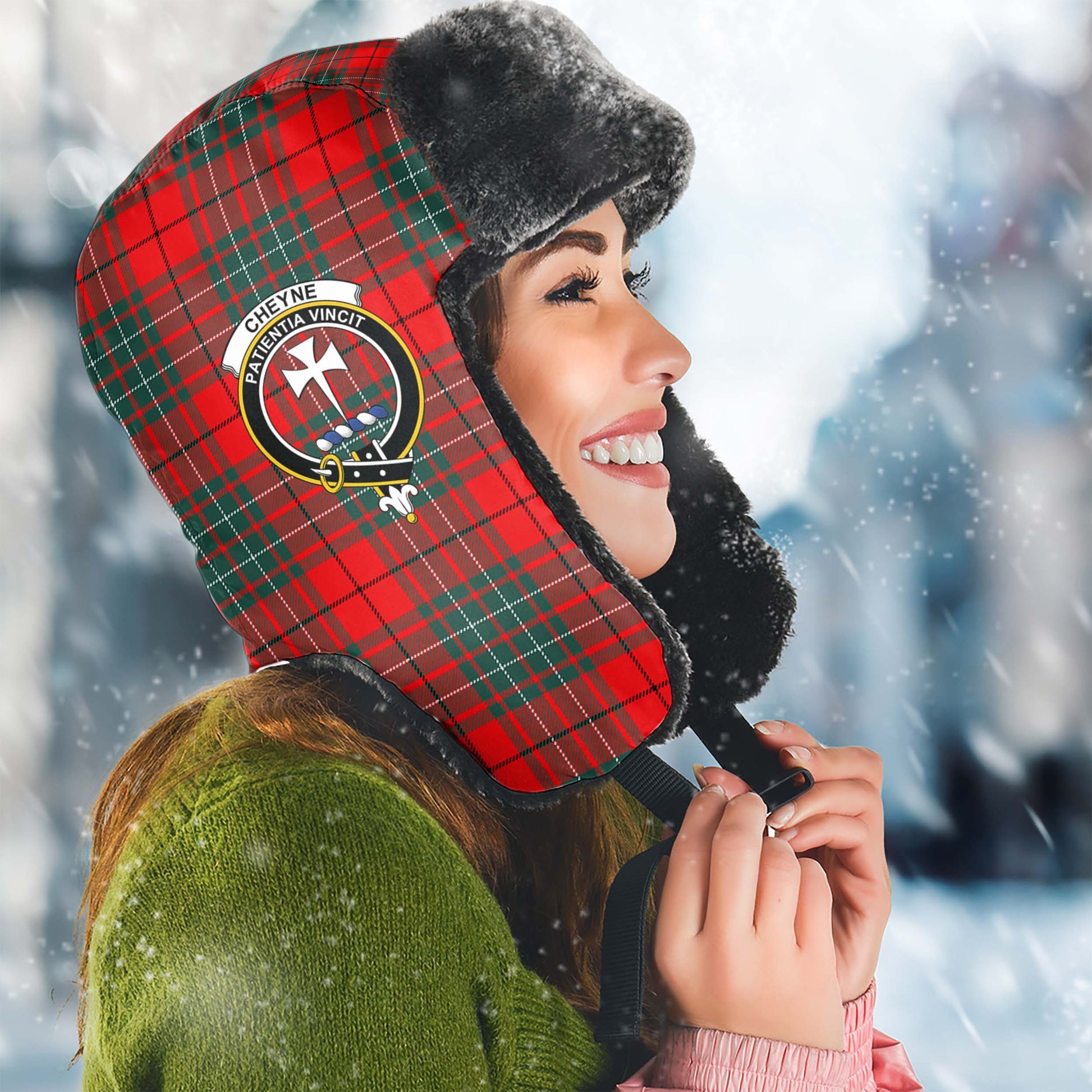 Cheyne Tartan Winter Trapper Hat with Family Crest Winter Trapper Hat Universal Fit Circumference 22.8in (58cm) - Tartanvibesclothing