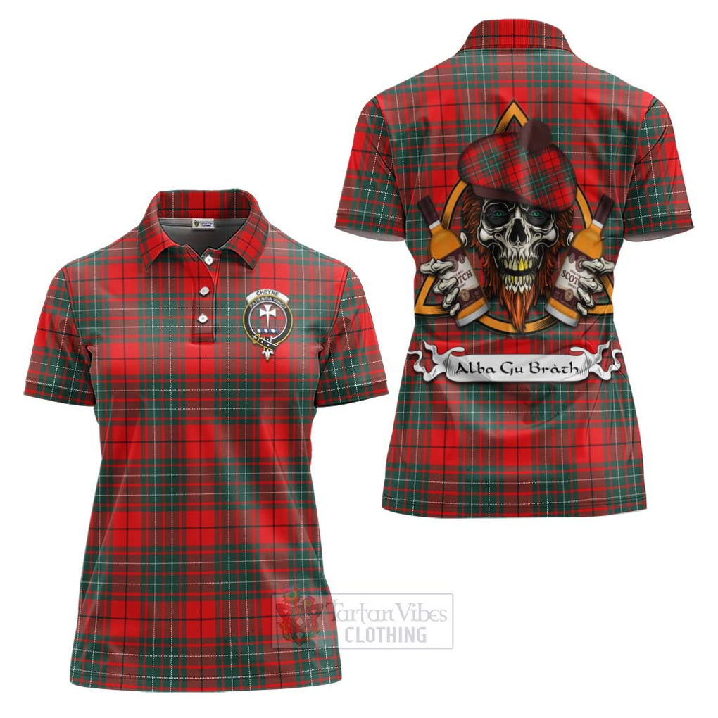 Tartan Vibes Clothing Cheyne Tartan Women's Polo Shirt with Family Crest and Bearded Skull Holding Bottles of Whiskey