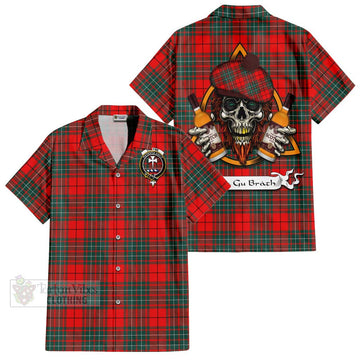 Cheyne Tartan Short Sleeve Button Shirt with Family Crest and Bearded Skull Holding Bottles of Whiskey