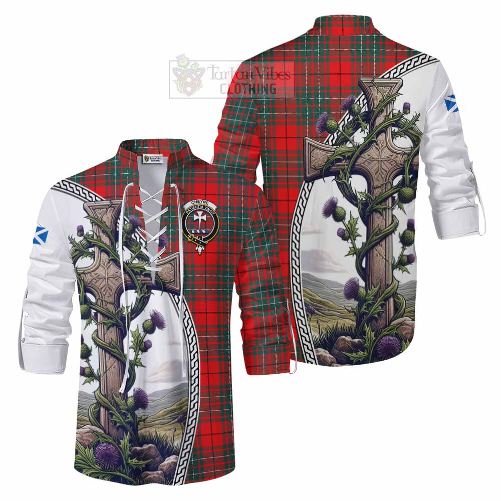 Tartan Vibes Clothing Cheyne Tartan Ghillie Kilt Shirt with Family Crest and St. Andrew's Cross Accented by Thistle Vines