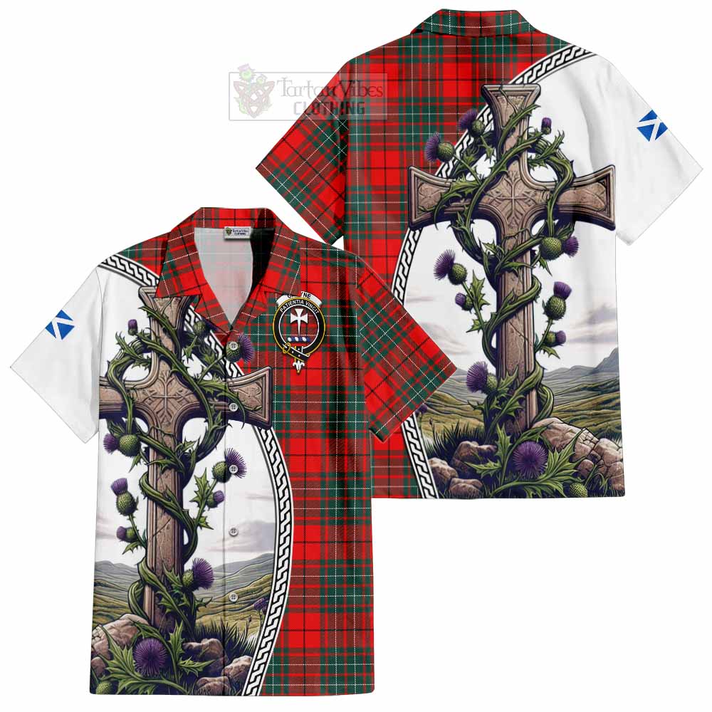 Tartan Vibes Clothing Cheyne Tartan Short Sleeve Button Shirt with Family Crest and St. Andrew's Cross Accented by Thistle Vines