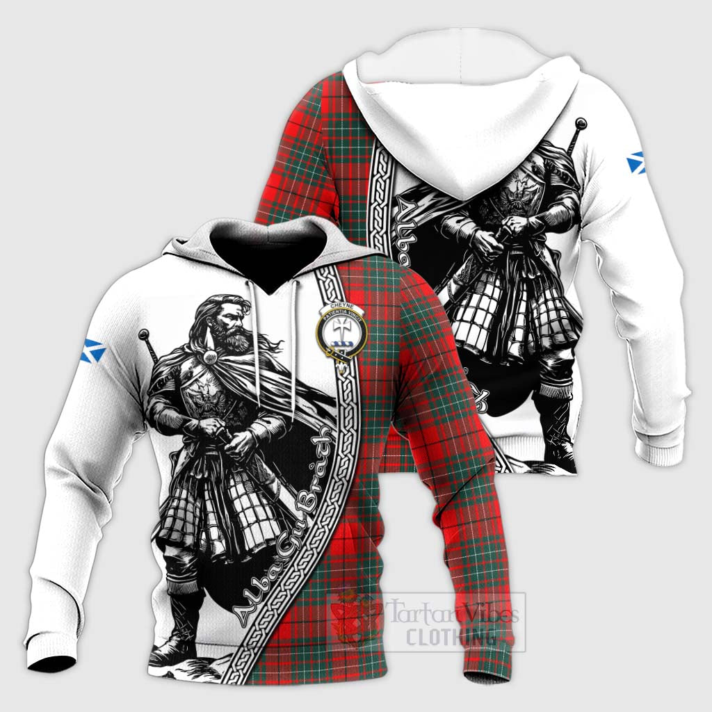 Tartan Vibes Clothing Cheyne Tartan Clan Crest Knitted Hoodie with Highlander Warrior Celtic Style