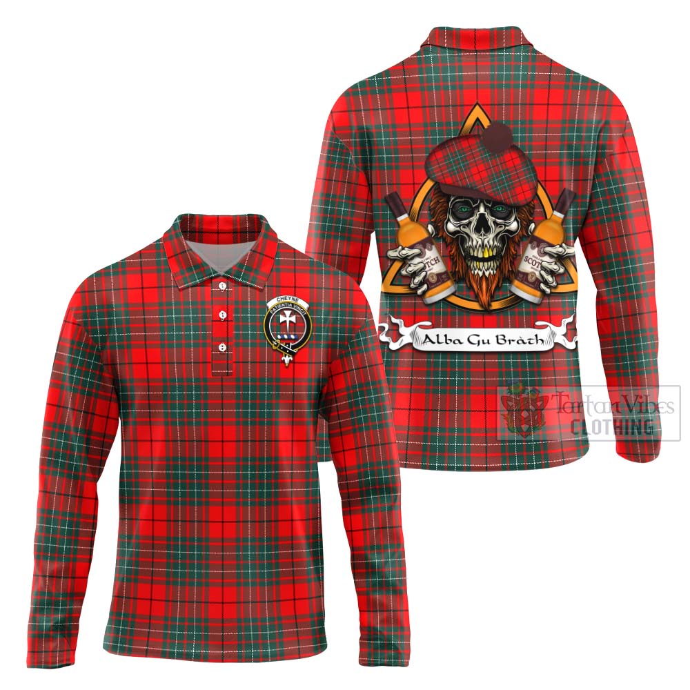 Tartan Vibes Clothing Cheyne Tartan Long Sleeve Polo Shirt with Family Crest and Bearded Skull Holding Bottles of Whiskey