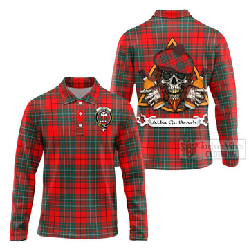 Cheyne Tartan Long Sleeve Polo Shirt with Family Crest and Bearded Skull Holding Bottles of Whiskey