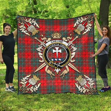 Cheyne Tartan Quilt with Family Crest and Scottish Golden Courage Shield