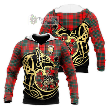 Cheyne Tartan Knitted Hoodie with Family Crest Celtic Wolf Style