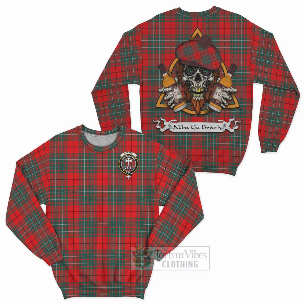 Tartan Vibes Clothing Cheyne Tartan Sweatshirt with Family Crest and Bearded Skull Holding Bottles of Whiskey