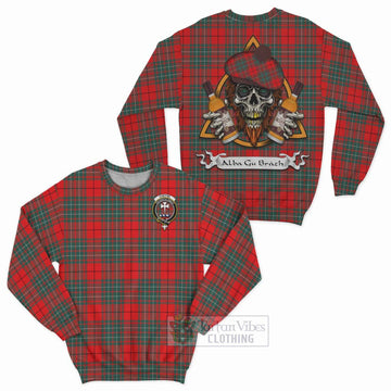 Cheyne Tartan Sweatshirt with Family Crest and Bearded Skull Holding Bottles of Whiskey