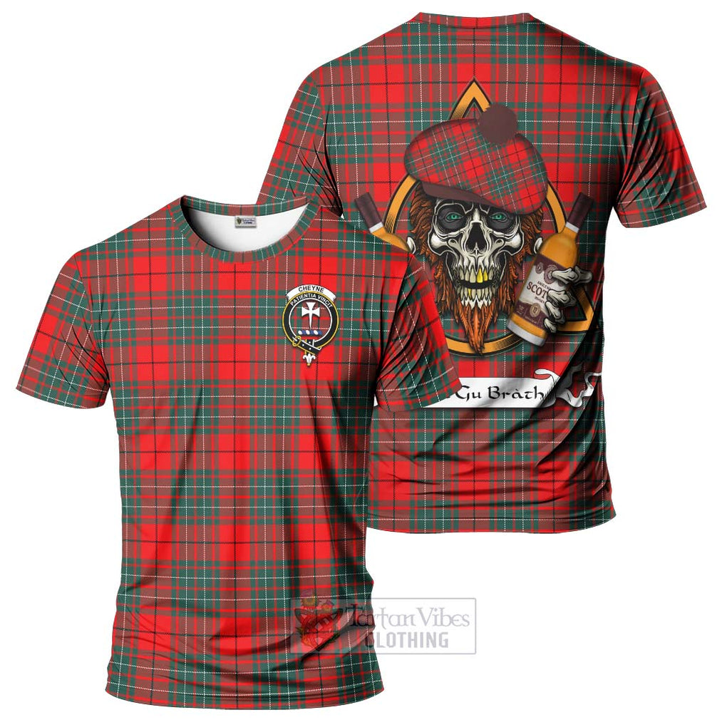 Tartan Vibes Clothing Cheyne Tartan T-Shirt with Family Crest and Bearded Skull Holding Bottles of Whiskey