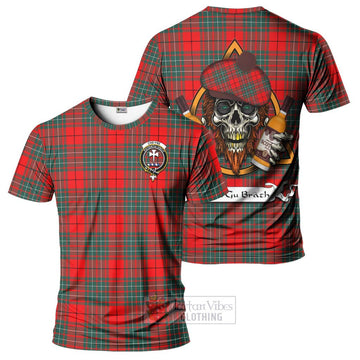 Cheyne Tartan T-Shirt with Family Crest and Bearded Skull Holding Bottles of Whiskey