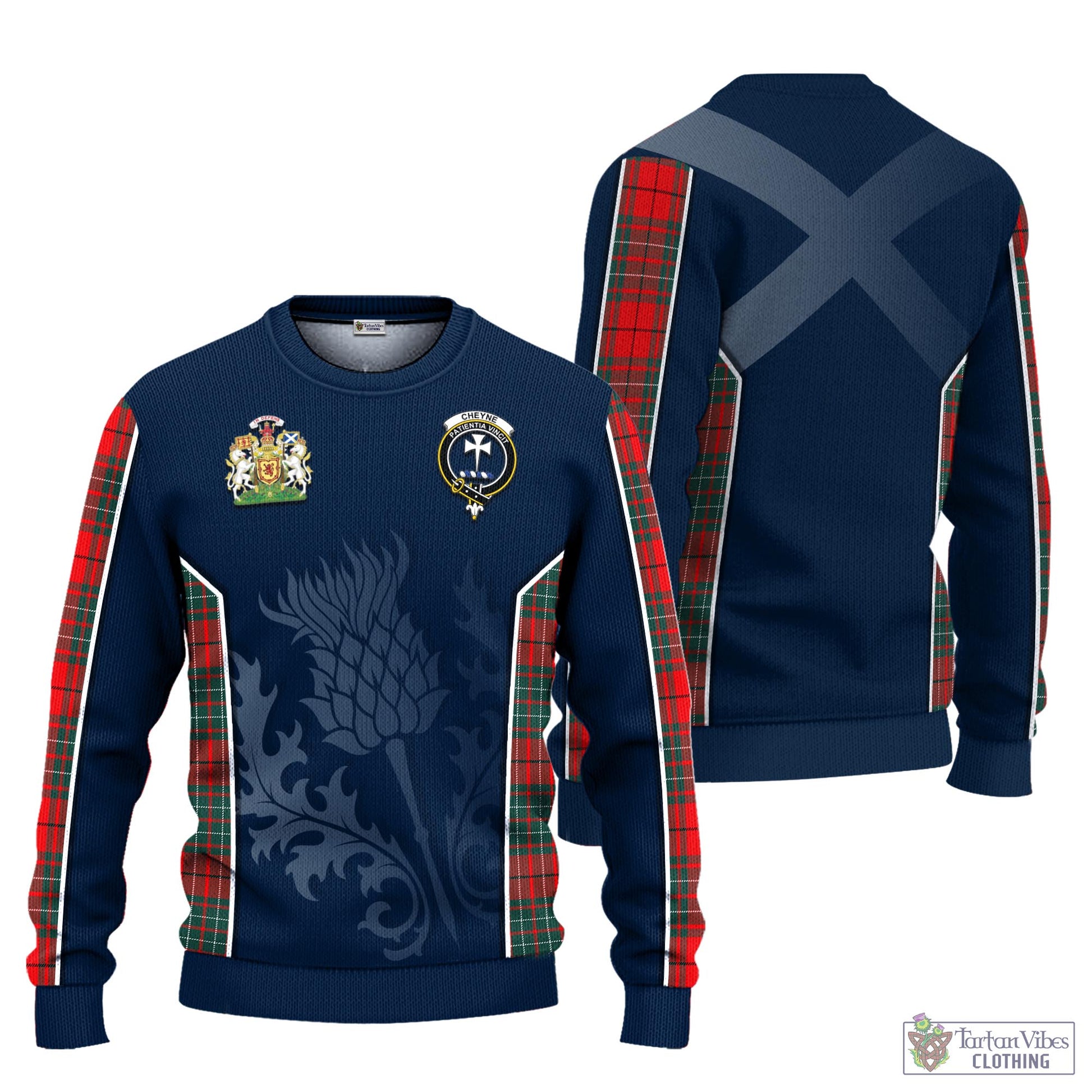 Tartan Vibes Clothing Cheyne Tartan Knitted Sweatshirt with Family Crest and Scottish Thistle Vibes Sport Style