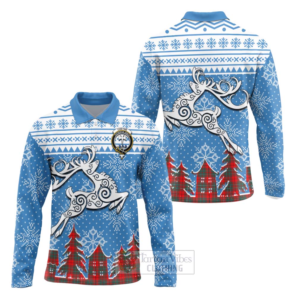 Tartan Vibes Clothing Cheyne Clan Christmas Long Sleeve Polo Shirt Celtic Reindeer Style