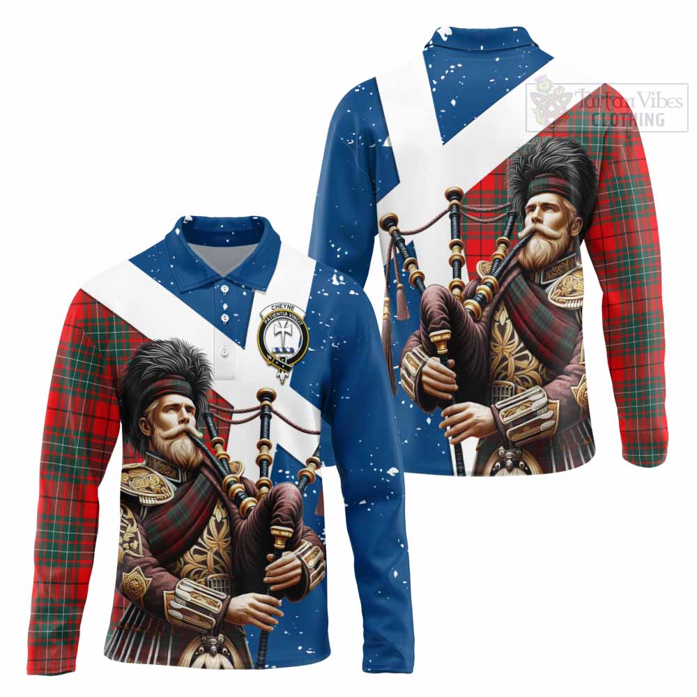 Tartan Vibes Clothing Cheyne Tartan Long Sleeve Polo Shirt with Family Crest Scottish Bagpiper Vibes