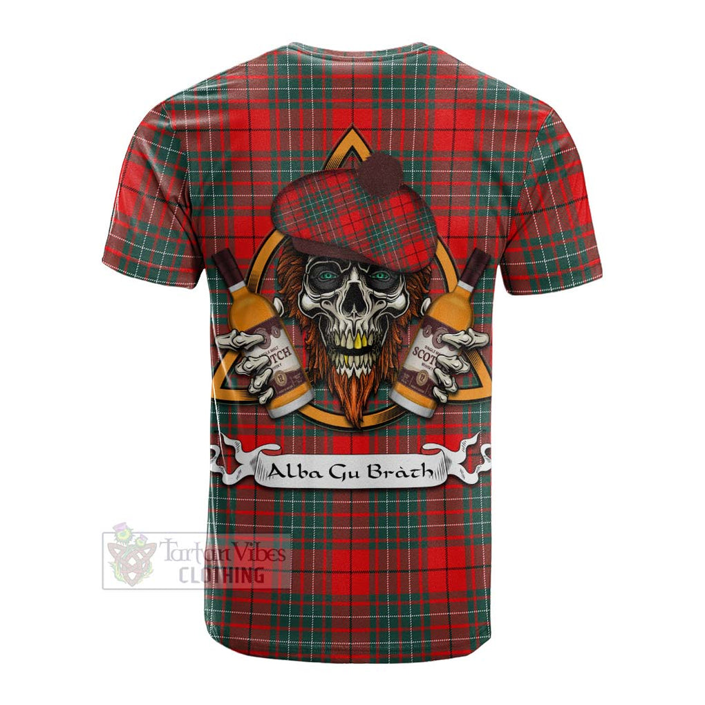 Tartan Vibes Clothing Cheyne Tartan Cotton T-shirt with Family Crest and Bearded Skull Holding Bottles of Whiskey