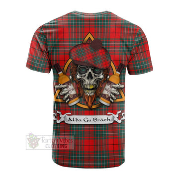 Cheyne Tartan Cotton T-shirt with Family Crest and Bearded Skull Holding Bottles of Whiskey