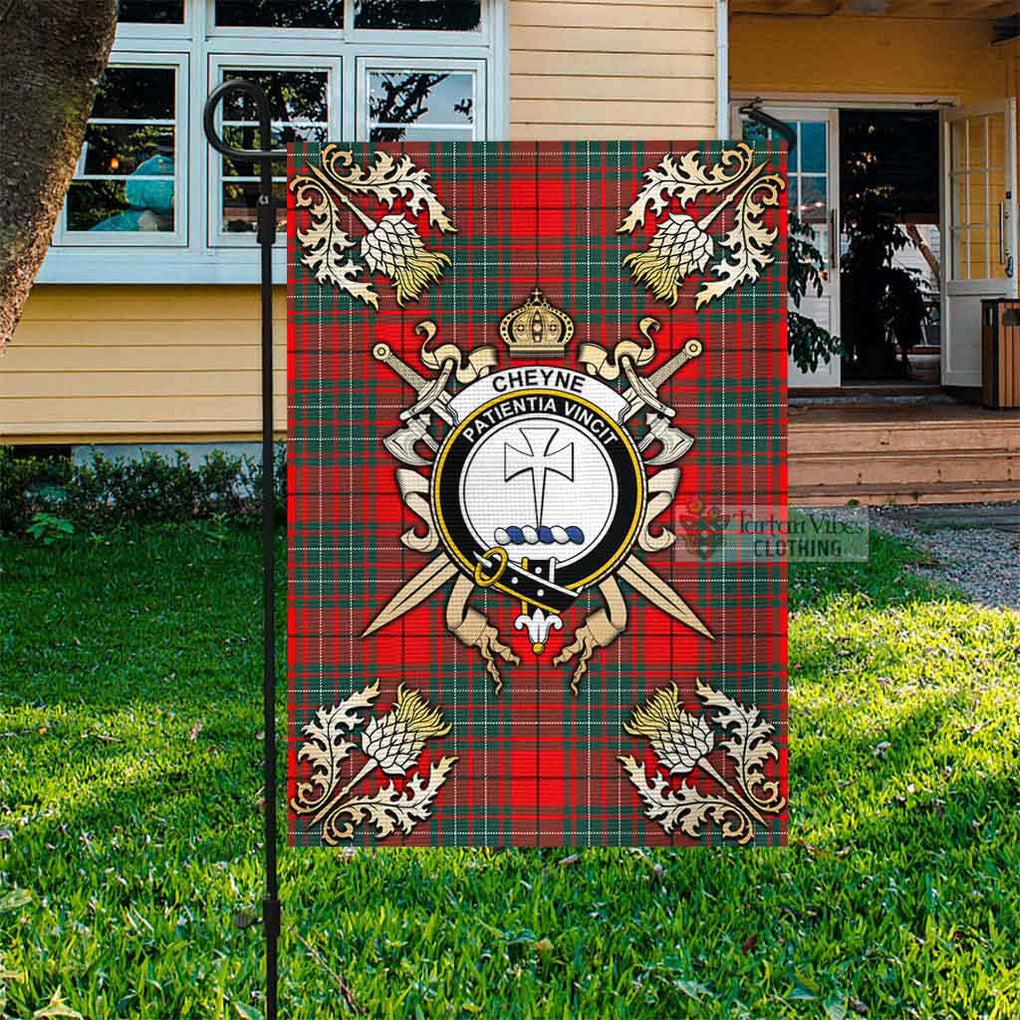 Tartan Vibes Clothing Cheyne Tartan Flag with Family Crest and Golden Thistle Crossed Sword Design