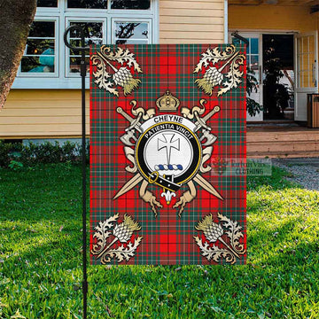 Cheyne Tartan Flag with Family Crest and Golden Thistle Crossed Sword Design