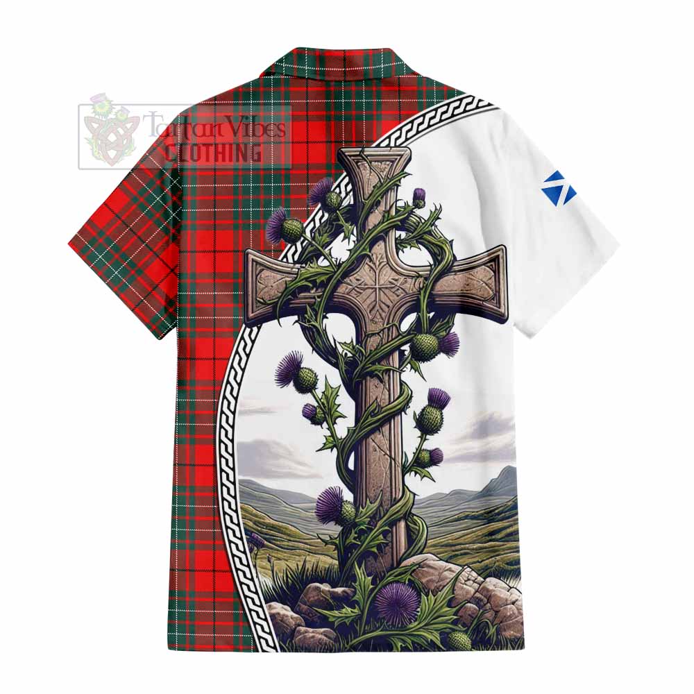 Tartan Vibes Clothing Cheyne Tartan Short Sleeve Button Shirt with Family Crest and St. Andrew's Cross Accented by Thistle Vines