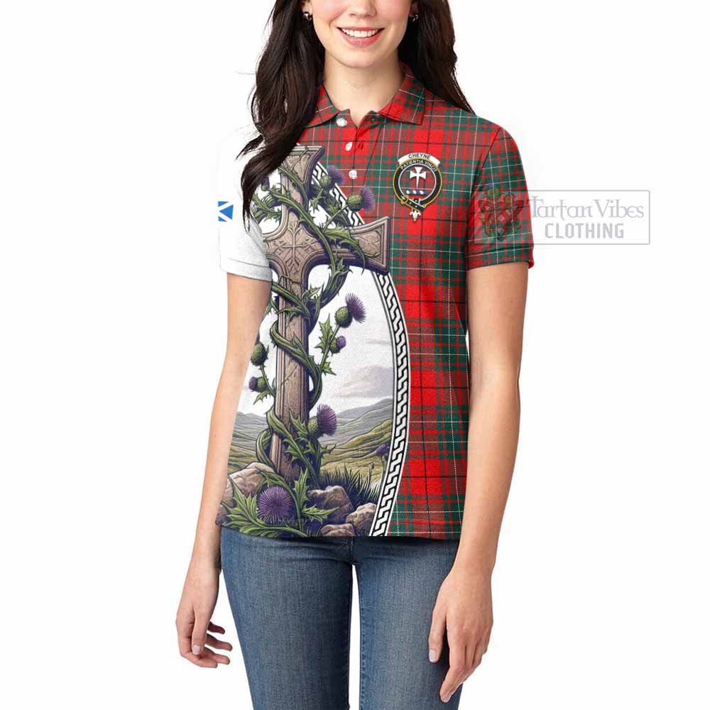 Tartan Vibes Clothing Cheyne Tartan Women's Polo Shirt with Family Crest and St. Andrew's Cross Accented by Thistle Vines