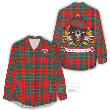 Cheyne Tartan Women's Casual Shirt with Family Crest and Bearded Skull Holding Bottles of Whiskey