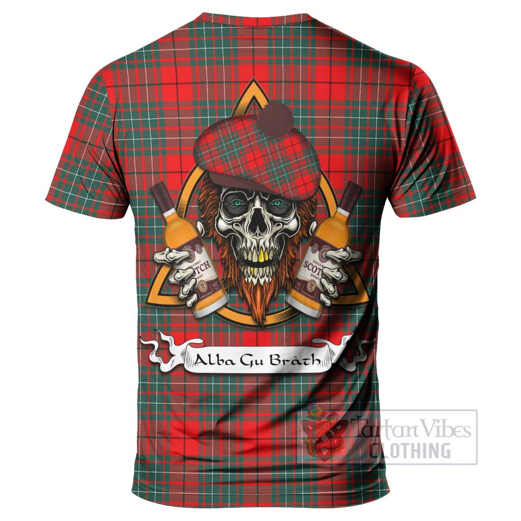 Tartan Vibes Clothing Cheyne Tartan T-Shirt with Family Crest and Bearded Skull Holding Bottles of Whiskey