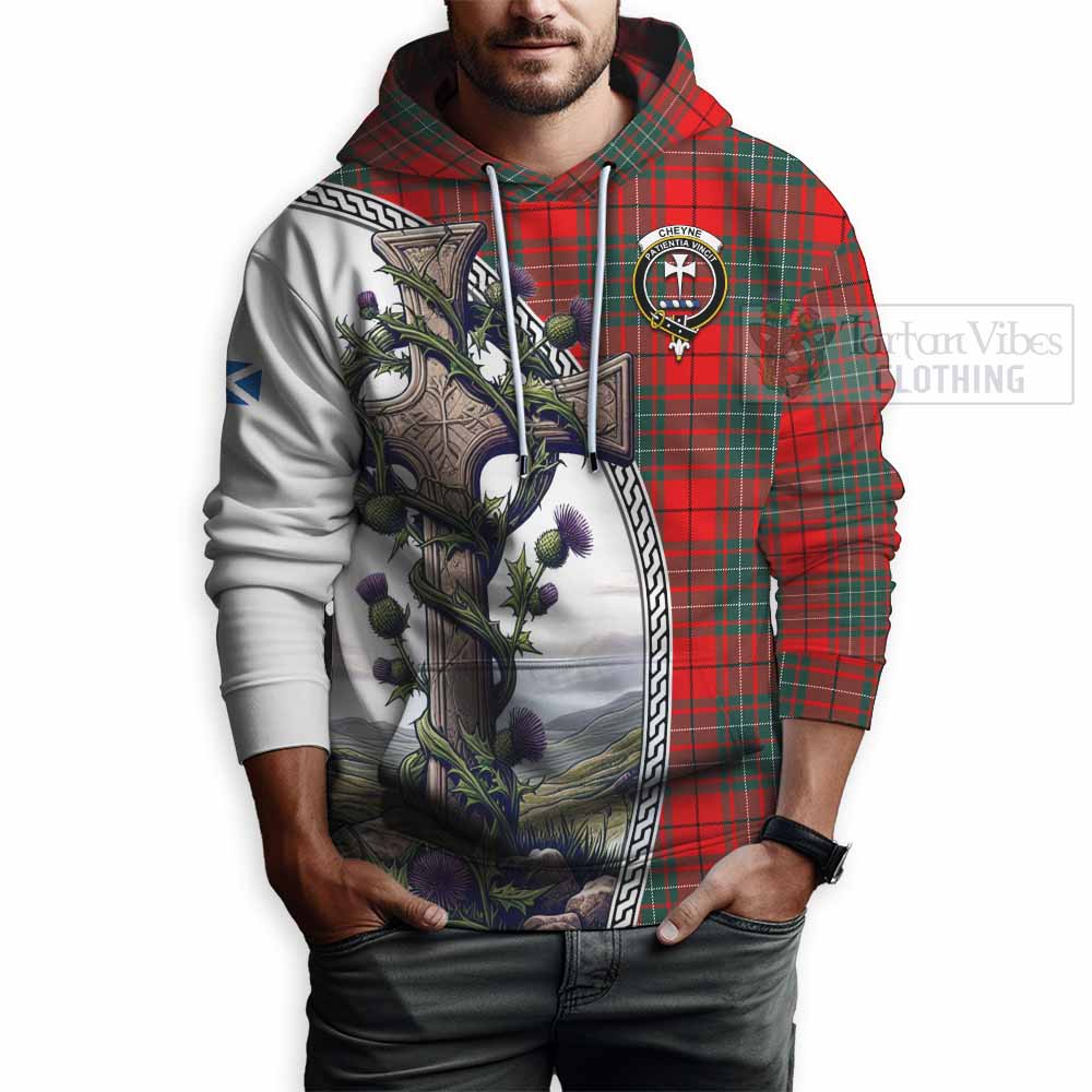 Tartan Vibes Clothing Cheyne Tartan Hoodie with Family Crest and St. Andrew's Cross Accented by Thistle Vines