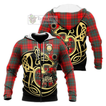 Cheyne Tartan Knitted Hoodie with Family Crest Celtic Wolf Style