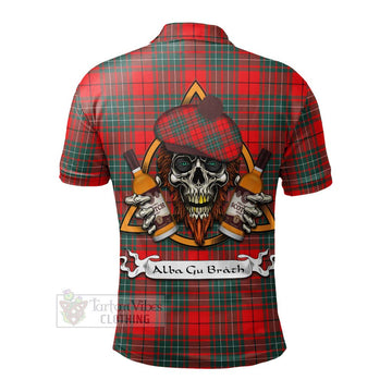 Cheyne Tartan Polo Shirt with Family Crest and Bearded Skull Holding Bottles of Whiskey