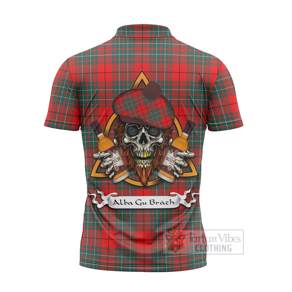 Tartan Vibes Clothing Cheyne Tartan Zipper Polo Shirt with Family Crest and Bearded Skull Holding Bottles of Whiskey