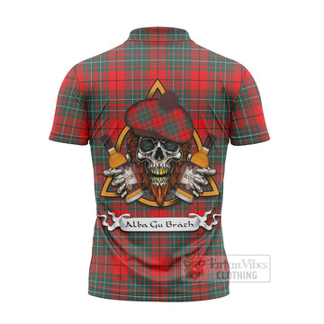 Cheyne Tartan Zipper Polo Shirt with Family Crest and Bearded Skull Holding Bottles of Whiskey