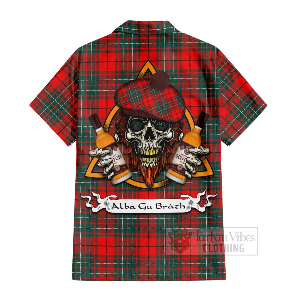 Tartan Vibes Clothing Cheyne Tartan Short Sleeve Button Shirt with Family Crest and Bearded Skull Holding Bottles of Whiskey