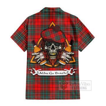 Cheyne Tartan Short Sleeve Button Shirt with Family Crest and Bearded Skull Holding Bottles of Whiskey