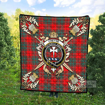 Cheyne Tartan Quilt with Family Crest and Scottish Golden Courage Shield