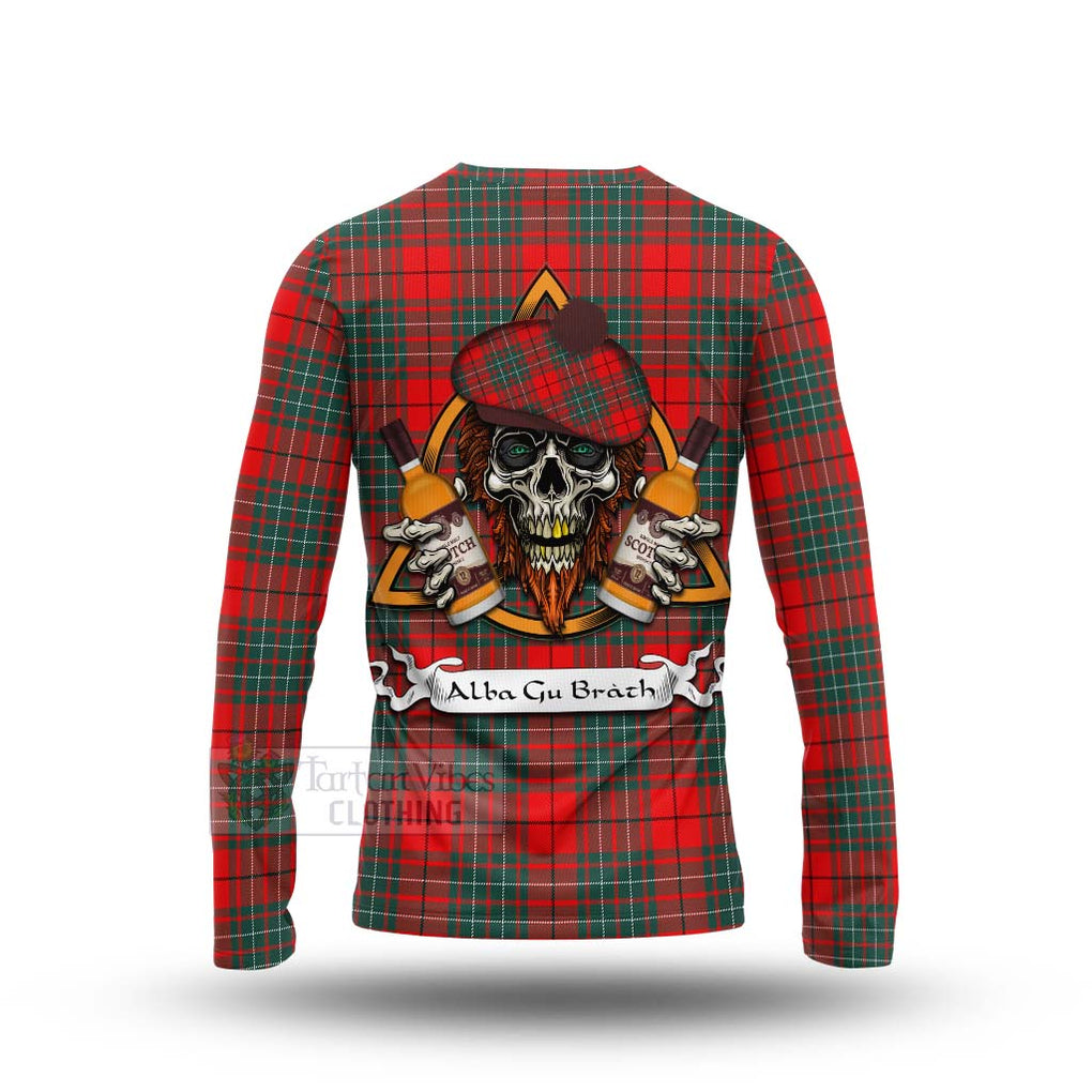 Tartan Vibes Clothing Cheyne Tartan Long Sleeve T-Shirt with Family Crest and Bearded Skull Holding Bottles of Whiskey