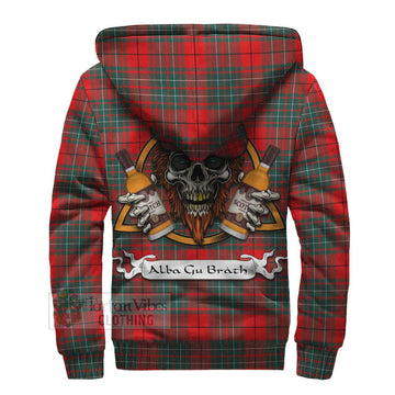 Cheyne Tartan Sherpa Hoodie with Family Crest and Bearded Skull Holding Bottles of Whiskey