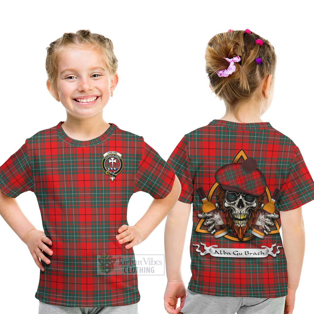 Tartan Vibes Clothing Cheyne Tartan Kid T-Shirt with Family Crest and Bearded Skull Holding Bottles of Whiskey