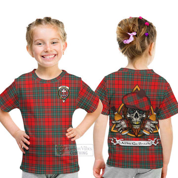 Cheyne Tartan Kid T-Shirt with Family Crest and Bearded Skull Holding Bottles of Whiskey