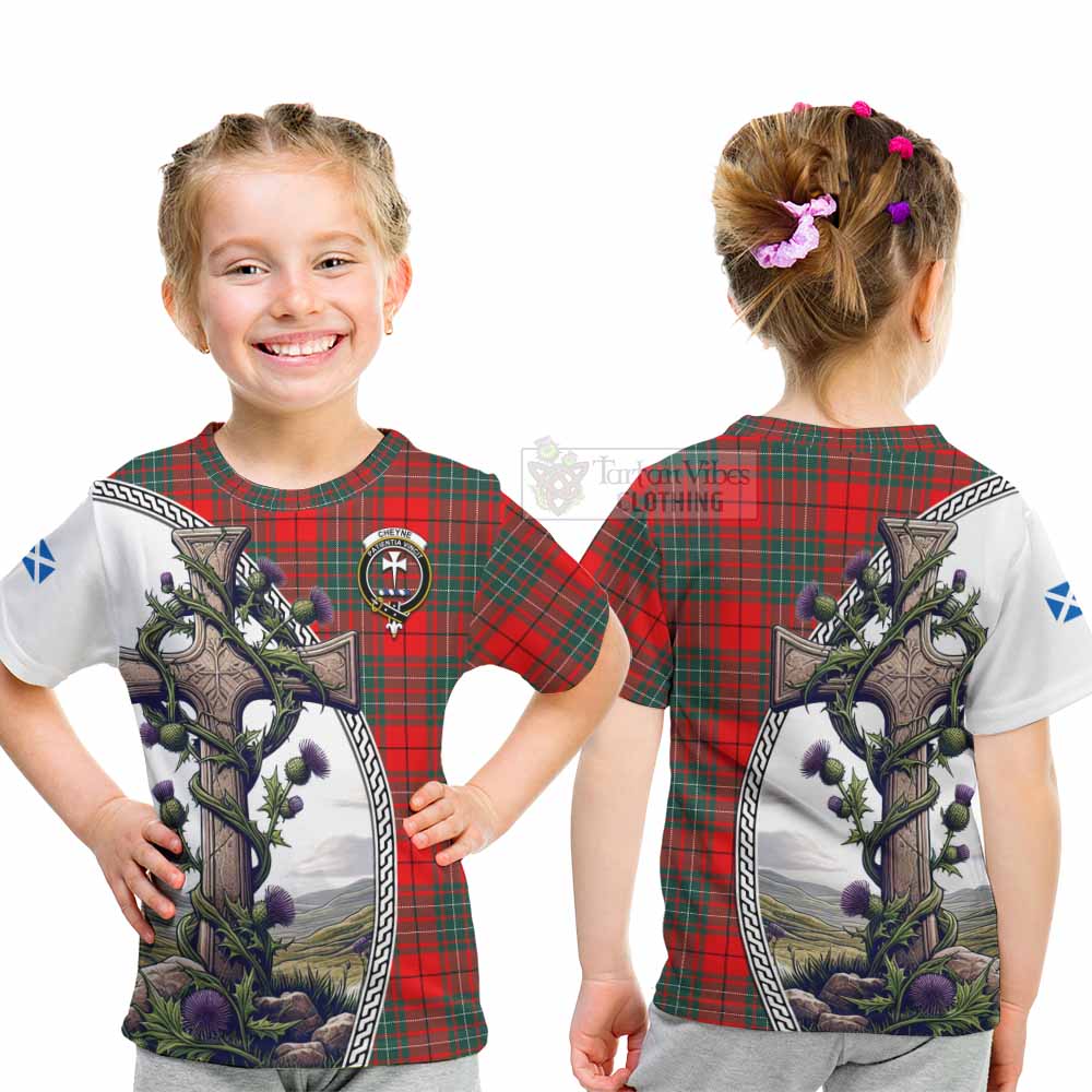 Tartan Vibes Clothing Cheyne Tartan Kid T-Shirt with Family Crest and St. Andrew's Cross Accented by Thistle Vines