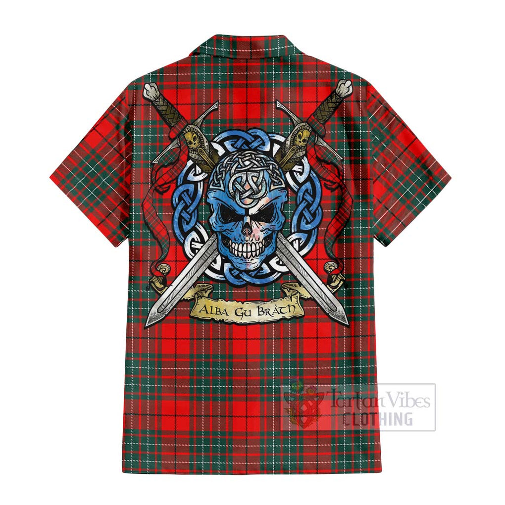 Tartan Vibes Clothing Cheyne Tartan Short Sleeve Button Shirt with Family Crest Celtic Skull Style