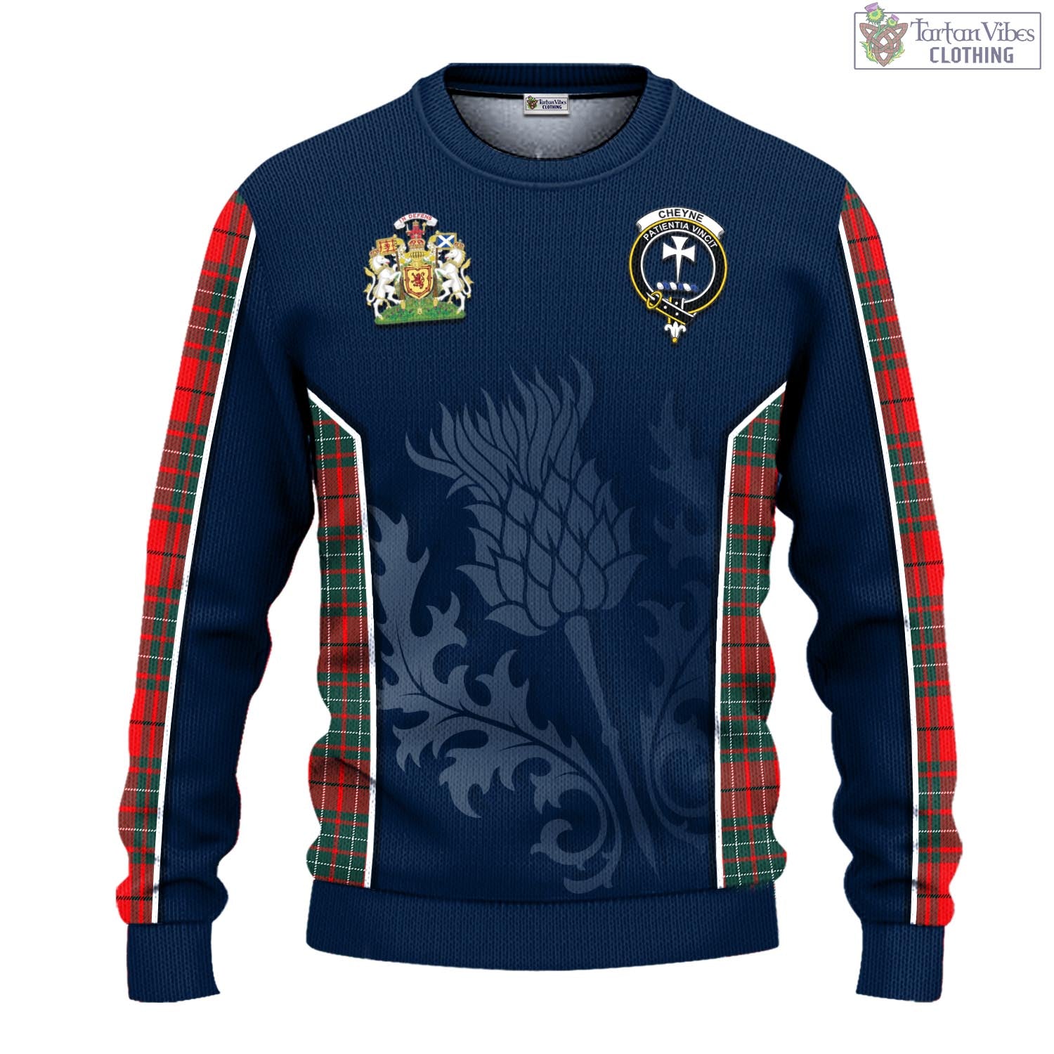 Tartan Vibes Clothing Cheyne Tartan Knitted Sweatshirt with Family Crest and Scottish Thistle Vibes Sport Style