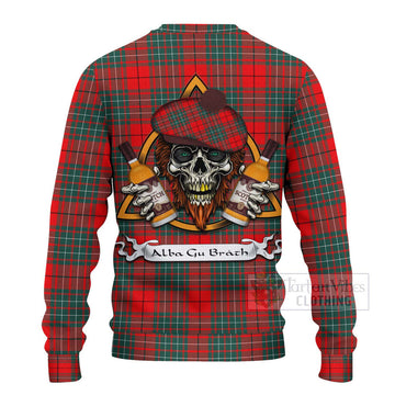 Cheyne Tartan Ugly Sweater with Family Crest and Bearded Skull Holding Bottles of Whiskey